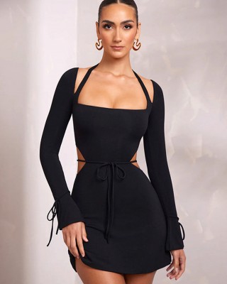 Cutout Halter Long Sleeve Black Mini Dress MCW1215
