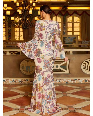 Bell Sleeve Sequin Floral Prom Dress RM20845