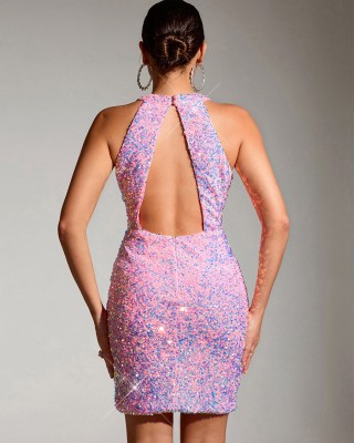 Cutout Glitter Pink Bodycon Party Dress MCW1058