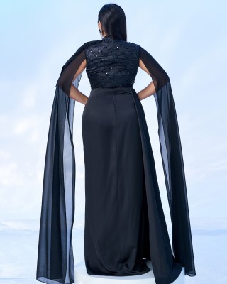 Plus Black Embroidery Mesh Sleeve Prom Dress PRX70252