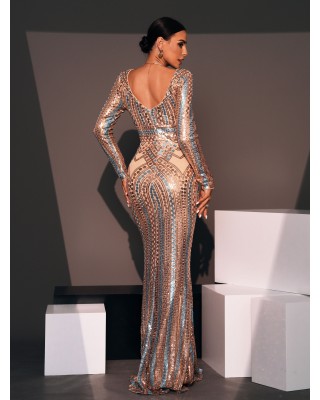 Backless Crew Neck Rosegold Sequin Dress RJ10456