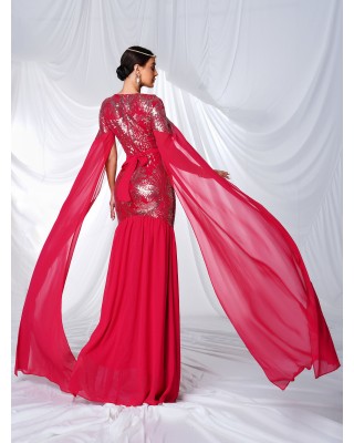 Cape Sleeve Belt Sequin Panel Dress MES00430