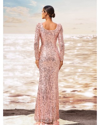 Backless Deep V Neck Long Sleeve Sequin Prom Dress XJ1329