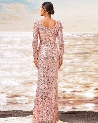Backless Deep V Neck Long Sleeve Sequin Prom Dress XJ1329